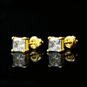 4mm Princess Cut Cubic Zirconia Solitaire Stud Earrings, 18k gold plated four prong square CZ stud earrings with secure screw back, unisex everyday hip hop jewelry
