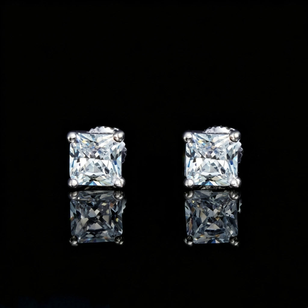 4mm Princess Cut Cubic Zirconia Solitaire Stud Earrings, four prong princess square CZ stud earrings for men women, minimalist unisex daily hip hop jewelry
