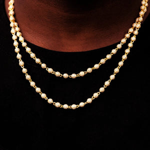 Neck layering shot of 4mm Iced Stellar Ball Bead Chain in 18K gold plated finish, fully encrusted flawless VVS simulated diamonds round ball bead link chain, men hip hop layered streetwear necklace, premium iced out fashion jewelry, RDRIP JEWELRY SINCE 2016
