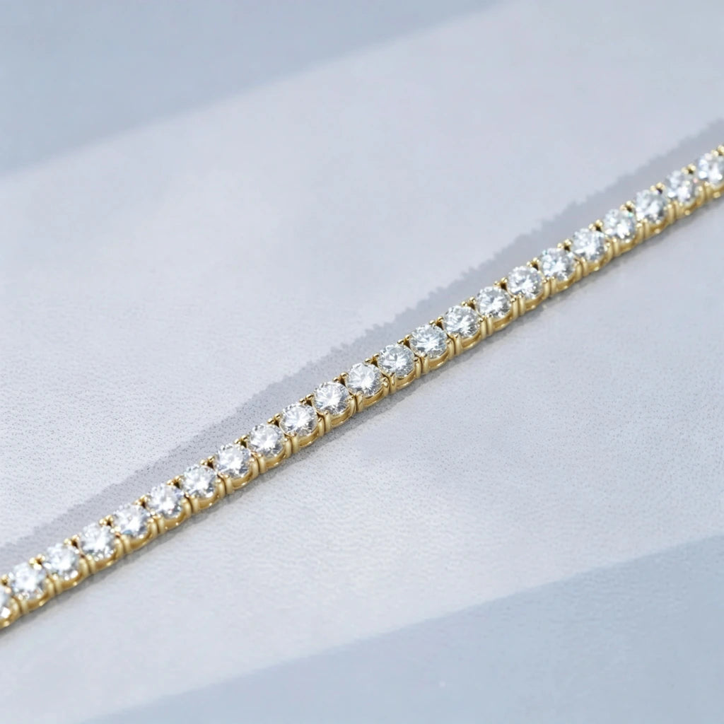 4MM VVS1 D-Color Moissanite Tennis Chain close-up macro shot, 925 Sterling Silver 18K Gold Plated, sparkling ideal cut moissanite stones with brilliant fire and clarity, premium iced out hip hop tennis chain necklace, luxury bling jewelry detail view RDRIP JEWELRY
