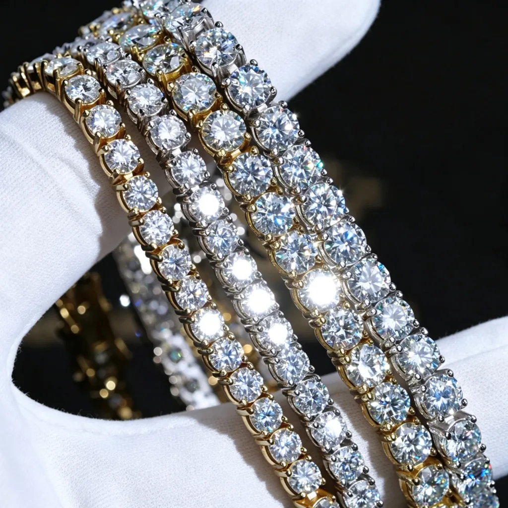 4MM VVS1 D‑Color Moissanite Tennis Chain held in clean white jewelry inspection gloves, 925 Sterling Silver 18K Gold Plated, hearts and arrows ideal cut moissanite stones with bright starburst sparkle and heavy fire, multiple tone hip hop iced‑out necklace close‑up dark studio shot RDRIP JEWELRY
