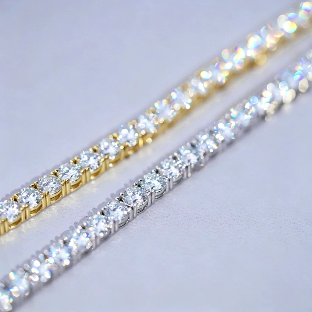 4MM VVS1 D-Color Moissanite Tennis Chain macro sparkle close-up, 925 Sterling Silver 18K Gold Plated finish, brilliant cut moissanite stones with strong fire and clarity, luxurious iced out hip hop bling necklace detail view, premium RDRIP JEWELRY
