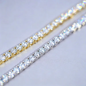 4MM VVS1 D-Color Moissanite Tennis Chain macro sparkle close-up, 925 Sterling Silver 18K Gold Plated finish, brilliant cut moissanite stones with strong fire and clarity, luxurious iced out hip hop bling necklace detail view, premium RDRIP JEWELRY
