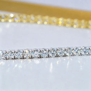 4MM VVS1 D-Color Moissanite Tennis Chain side profile sparkle view, 925 Sterling Silver White Gold Plated finish, ideal hearts and arrows cut moissanite stones with bright starburst sparkle, continuous iced out hip hop bling necklace close-up RDRIP JEWELRY
