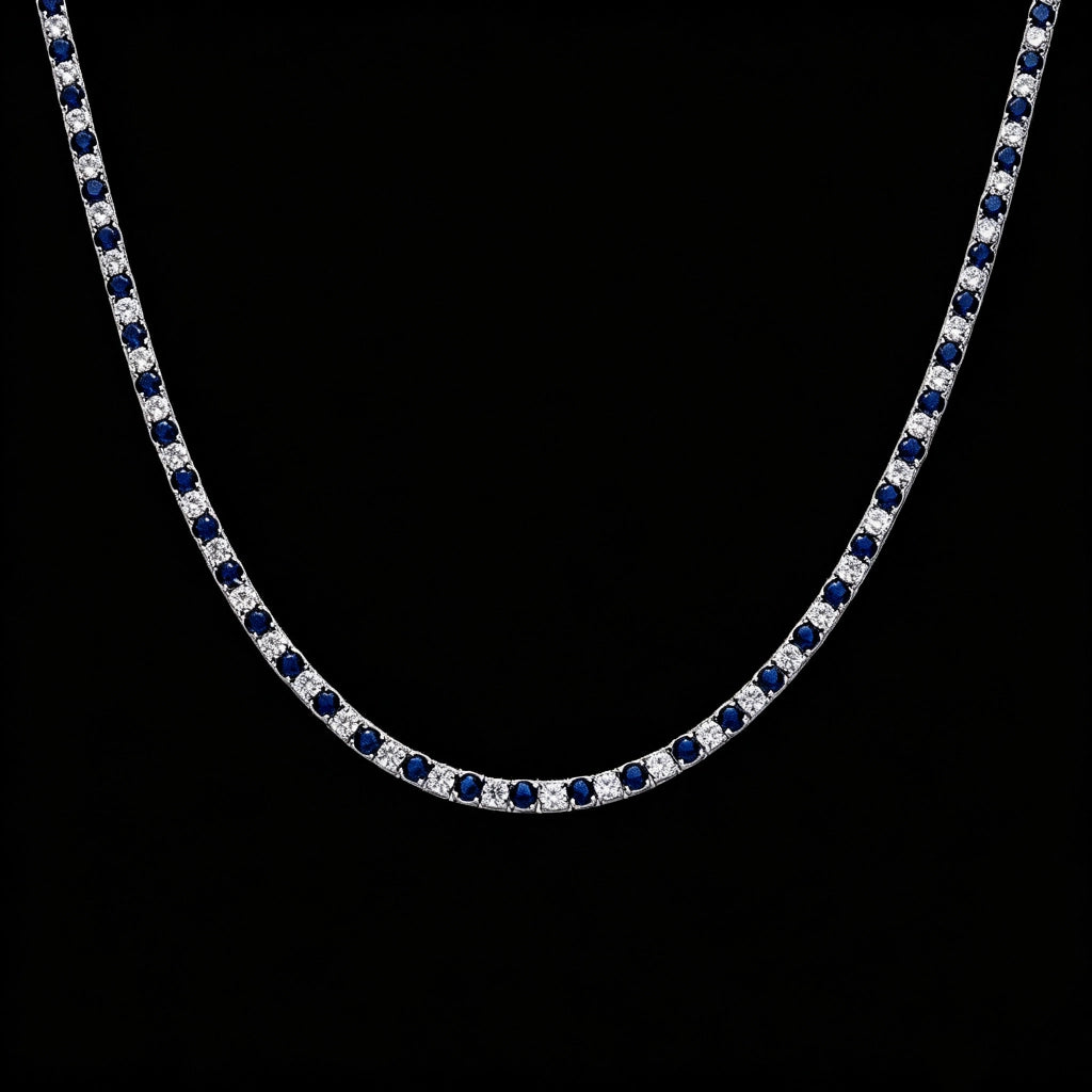Full‑length flat view of 4mm Iced Out Blue and White Alternating Tennis Chain, full strand shot of hand‑set VVS sapphire‑blue and white round simulated diamond two‑tone hip hop necklace against solid black background RDRIP JEWELRY
