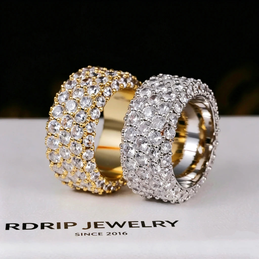 RDRIP JEWELRY 5‑Row Fully Paved Iced Out Eternity Ring, heavy 14mm wide prong set hip hop band ring, gold‑toned and silver‑toned two style display, full around hand‑set flawless VVS simulated diamonds, men women bling statement icy ring, premium 18K & white gold plated hip‑hop jewelry from Prong Cuban family
