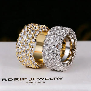 RDRIP JEWELRY 5‑Row Fully Paved Iced Out Eternity Ring, heavy 14mm wide prong set hip hop band ring, gold‑toned and silver‑toned two style display, full around hand‑set flawless VVS simulated diamonds, men women bling statement icy ring, premium 18K & white gold plated hip‑hop jewelry from Prong Cuban family
