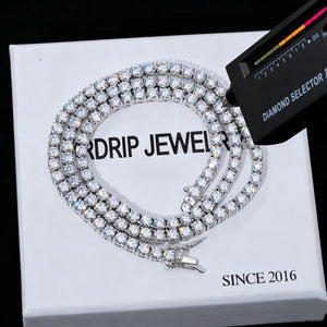 RDRIP JEWELRY 5MM VVS1 moissanite tennis chain necklace white gold plated s925 sterling silver, diamond selector tester positive test studio photo, D‑color hearts and arrows cut moissanite stones, brilliant fire and sparkle, hip hop unisex bling jewelry for men and women, chain laid on branded white gift box, moissanite passes handheld diamond tester, premium hiphop statement necklace jewelry gift
