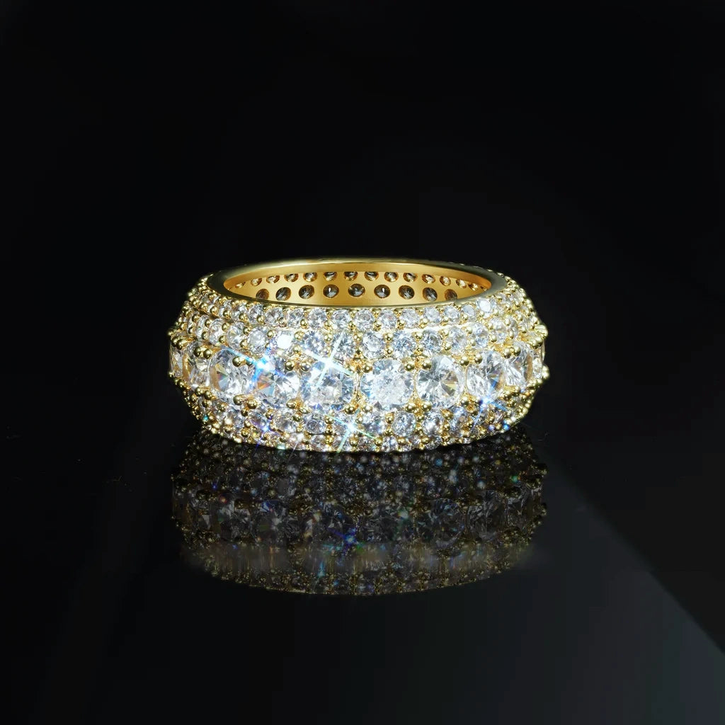 5‑Row Iced‑Out Full‑Paved Eternity Band Ring gold tone heavy wide men hip hop ring fully paved round cubic zirconia stones hand set bling statement jewelry black background reflection shot RDRIP JEWELRY
