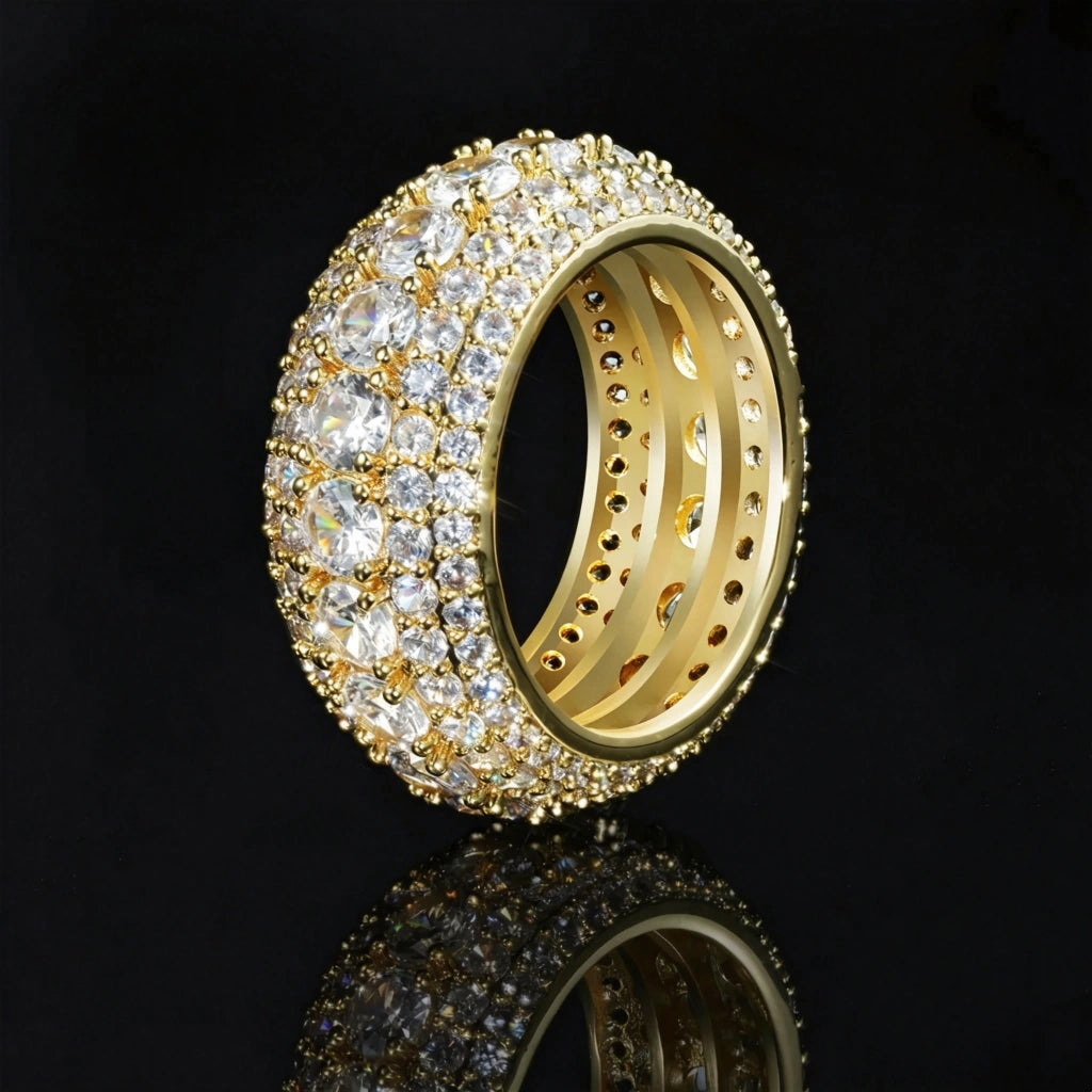 5‑Row Iced‑Out Full‑Paved Eternity Band Ring gold tone side profile close up shot showing perforated inner band heavy wide men hip hop ring full paved round cubic zirconia stones black background mirror reflection product photography RDRIP JEWELRY

