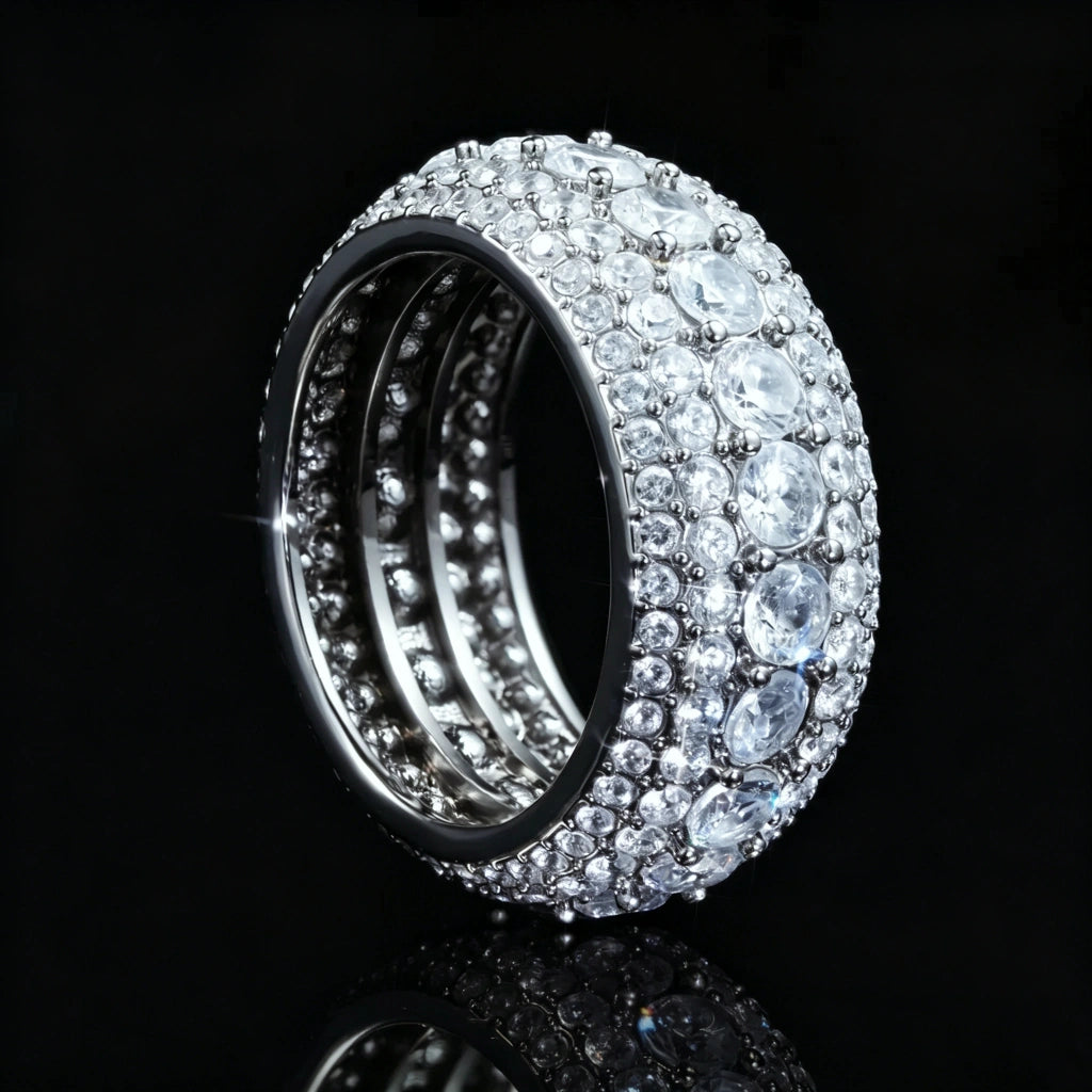 5‑Row Iced‑Out Full‑Paved Eternity Band Ring silver tone side angle close up product photo showing inner band structure fully encrusted round cubic zirconia stones heavy wide hip hop men ring black background with mirror reflection RDRIP JEWELRY

