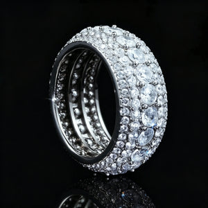 5‑Row Iced‑Out Full‑Paved Eternity Band Ring silver tone side angle close up product photo showing inner band structure fully encrusted round cubic zirconia stones heavy wide hip hop men ring black background with mirror reflection RDRIP JEWELRY

