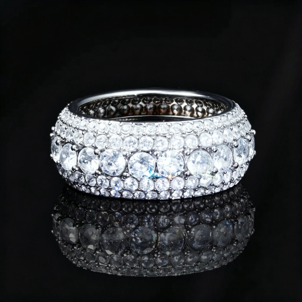 5‑Row Iced‑Out Full‑Paved Eternity Band Ring silver tone heavy width men hip hop ring fully paved round cubic zirconia hand set icy bling jewelry black background mirror reflection product shot RDRIP JEWELRY
