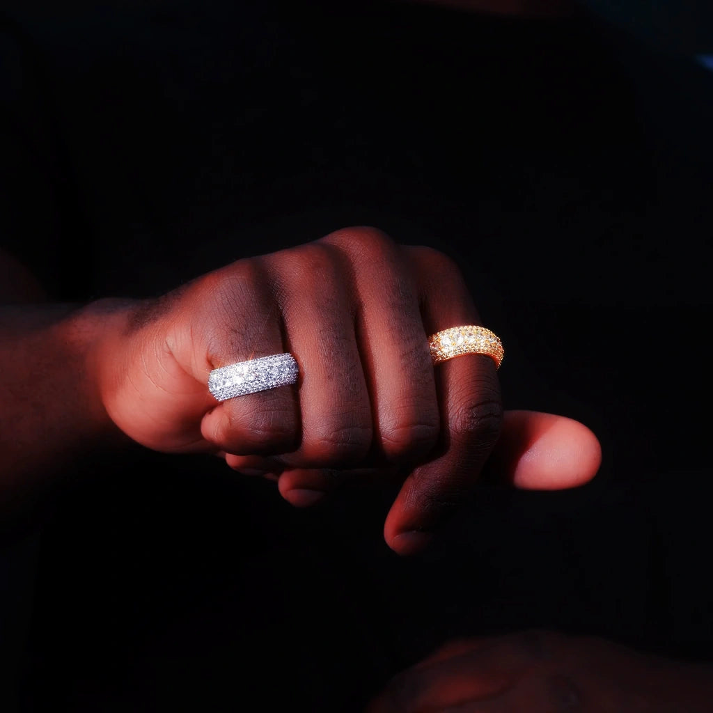 5‑Row Iced‑Out Full‑Paved Eternity Band Ring silver and gold tone men model hand wearing shot fully paved round cubic zirconia icy hip hop stacking rings dark moody background lifestyle jewelry photo RDRIP JEWELRY
