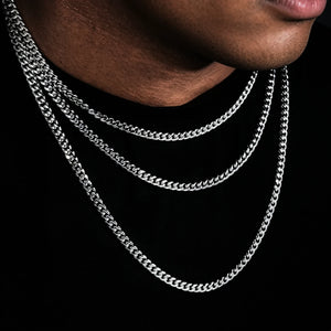 Closeup layered shot of men wearing 5mm stackable 18k white gold Miami Cuban link chain set, polished tangle-free flexible cuban necklace for hip hop street style, multi-length layering design for men urban jewelry, smooth hand-finished bold uniform links premium white gold plated bling, perfect solo wear or match custom pendants, timeless stackable mens statement chain for casual streetwear, handcrafted tarnish resistant hip hop jewelry with lifetime warranty RDRIP JEWELRY
