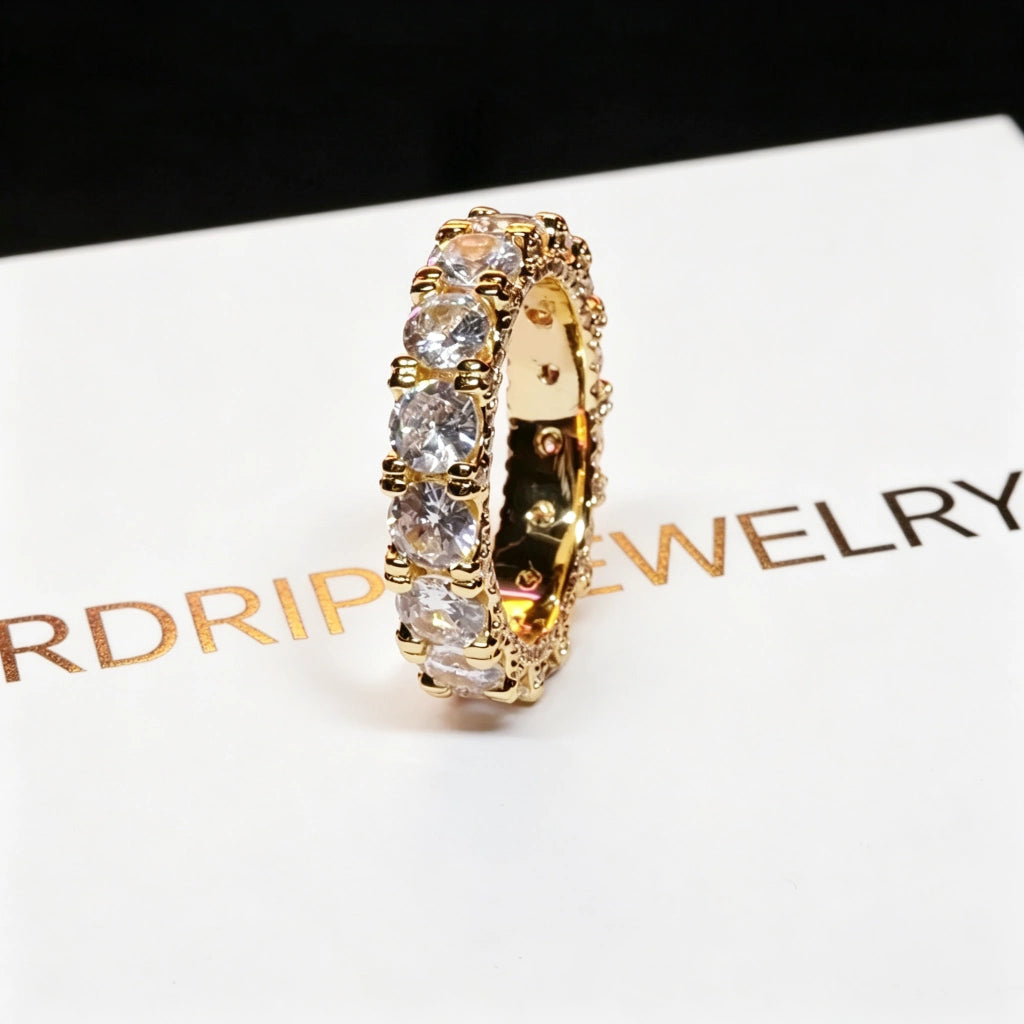 18k gold plated 5mm iced out round full eternity ring bold prong set round aaa cubic zirconia stones side micro pave details unisex hip hop statement band for stacking everyday wear RDRIP JEWELRY
