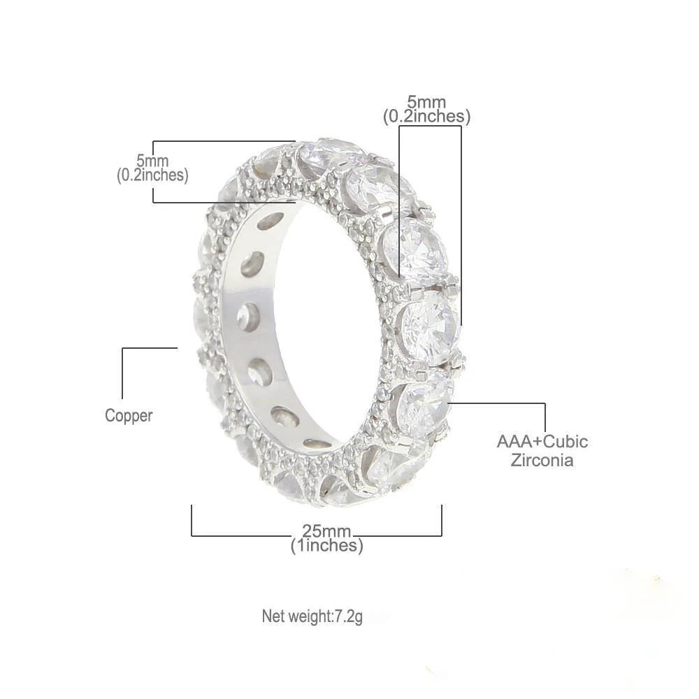 product dimension infographic diagram of 5mm iced out round full eternity ring showing width length weight copper base and aaa plus cubic zirconia specifications white background technical size chart for hip hop unisex band ring RDRIP JEWELRY
