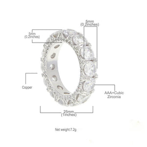 product dimension infographic diagram of 5mm iced out round full eternity ring showing width length weight copper base and aaa plus cubic zirconia specifications white background technical size chart for hip hop unisex band ring RDRIP JEWELRY

