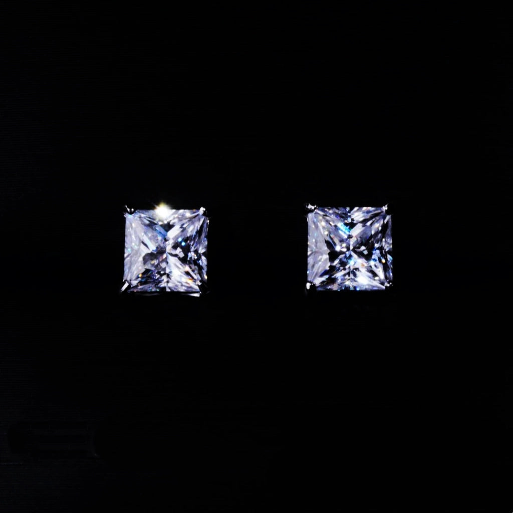 Close Up Shot of 2.40 Carat 7mm Princess Cut Square VVS1 Moissanite 4 Prong Screw Back Stud Earrings, D-E Color Sparkling Solitaire Earrings for Men Women Hip Hop Jewelry, RDRIP JEWELRY
