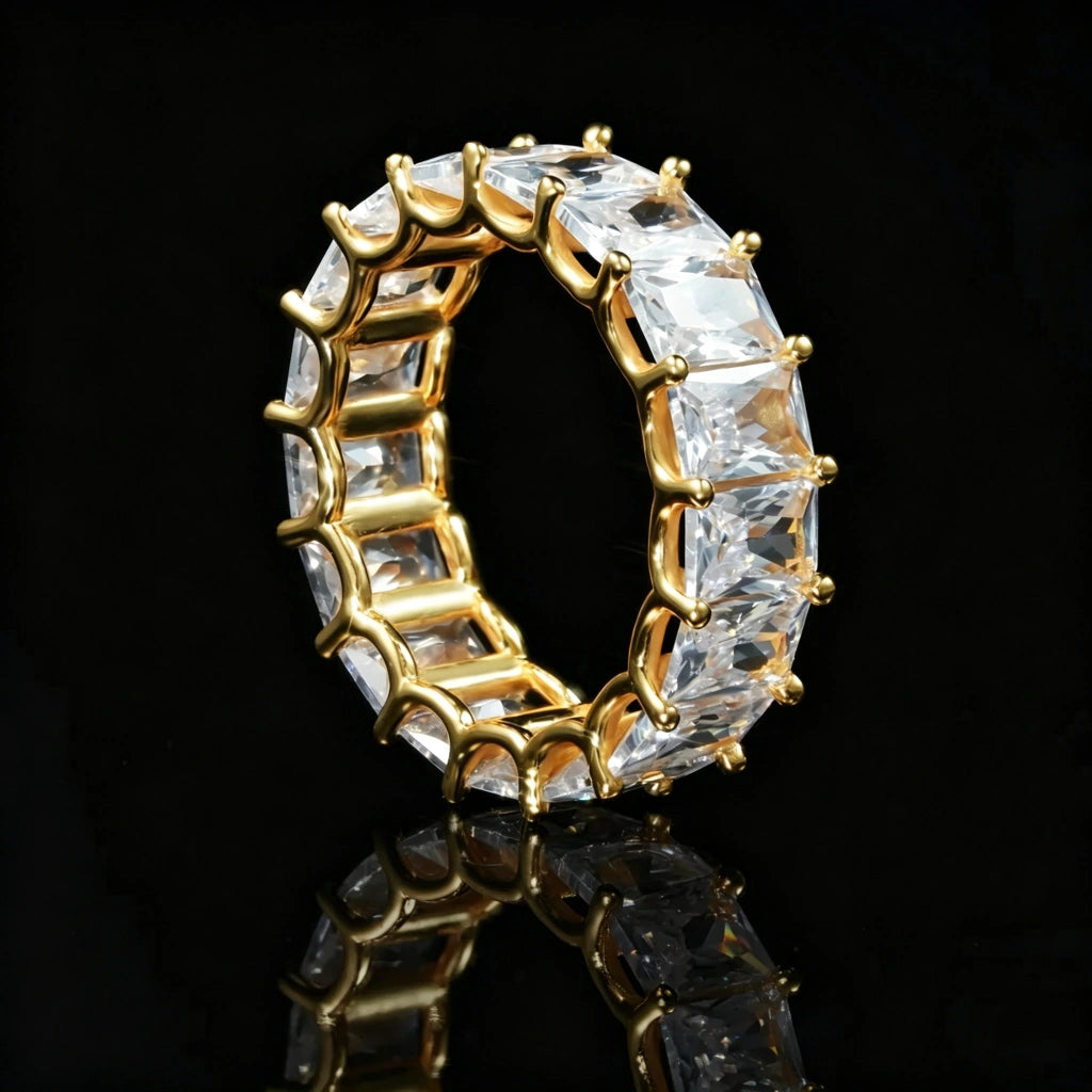 7mm baguette eternity ring 925 silver gold plated iced out hip hop band, inner structure side detail view of full around baguette cut cubic zirconia mens ring, gold tone prong setting bling hiphop jewelry, black reflective studio background RDRIP JEWELRY
