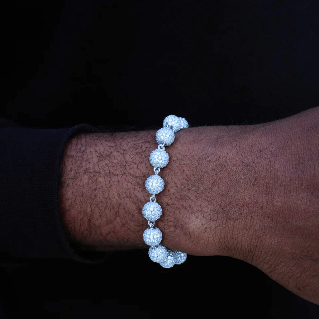 8.6mm Iced Stellar Ball Bead Bracelet single wear model wrist shot against black background white gold plated flawless VVS simulated diamonds men hip hop bling beaded bracelet RDRIP JEWELRY
