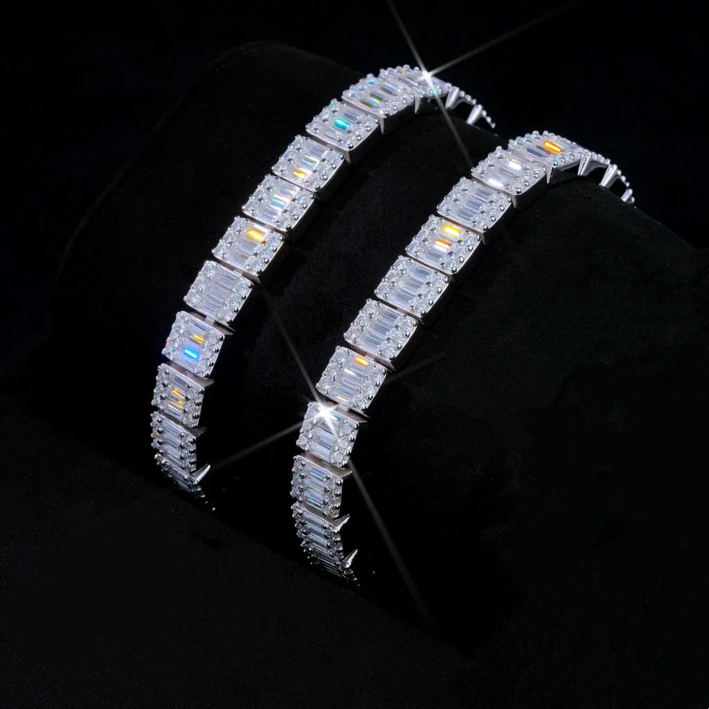 8mm wide rectangular baguette cut VVS1+ D color moissanite tennis bracelet for men, solid S925 sterling silver base with white gold and 18k gold plated finish, hand prong set flawless moissanite stones high shine icy bling hip hop streetwear wrist stacking jewelry, 7 inch 8 inch size options luxury diamond look bracelet passes diamond tester, tarnish resistant hip hop moissanite link bracelet gift set with warranty box velvet pouch RDRIP JEWELRY since 2016
