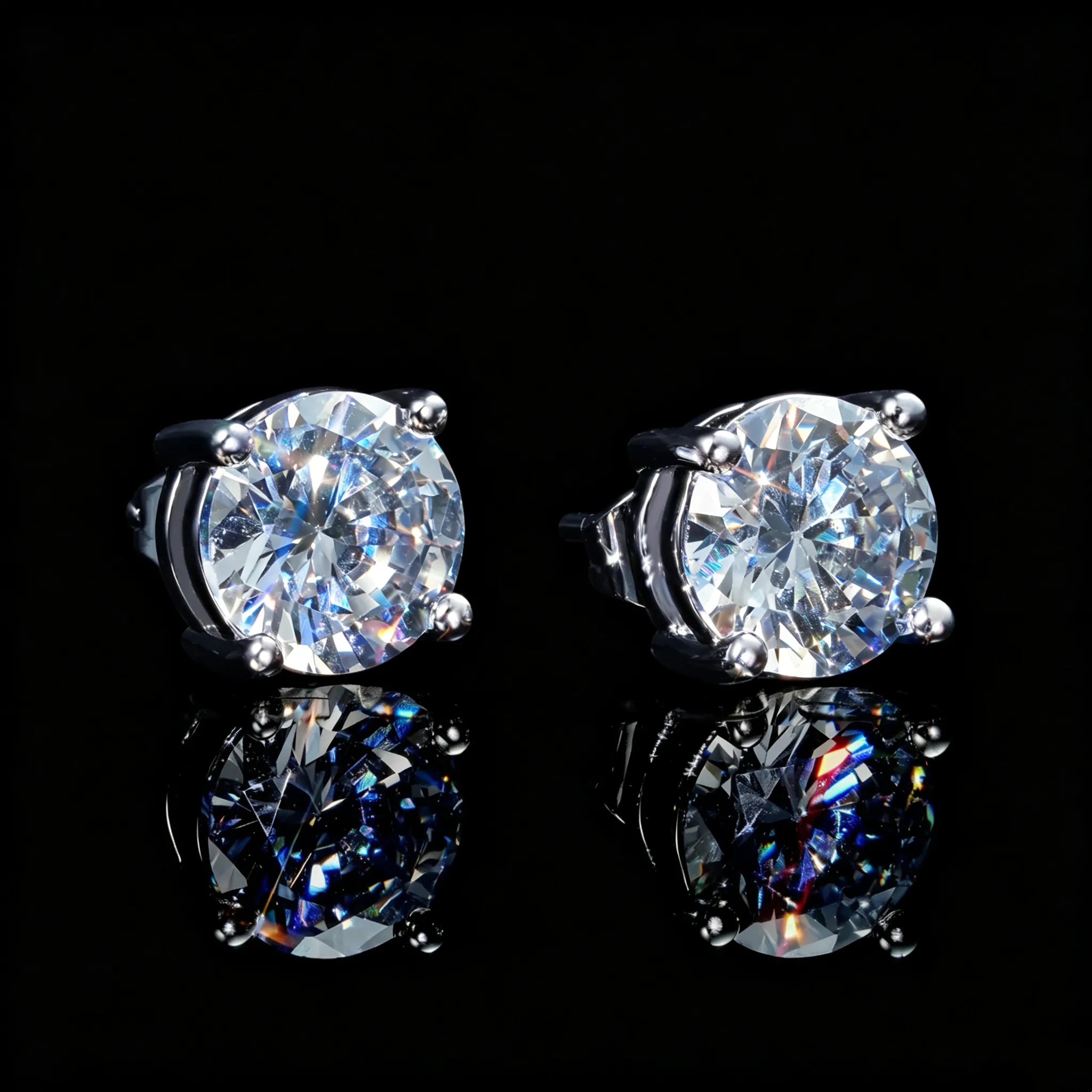 8mm 4 prong round brilliant cut cubic zirconia silver stud earrings, iced hip hop VVS simulated diamond earrings with mirror reflection on black background - RDRIP JEWELRY
