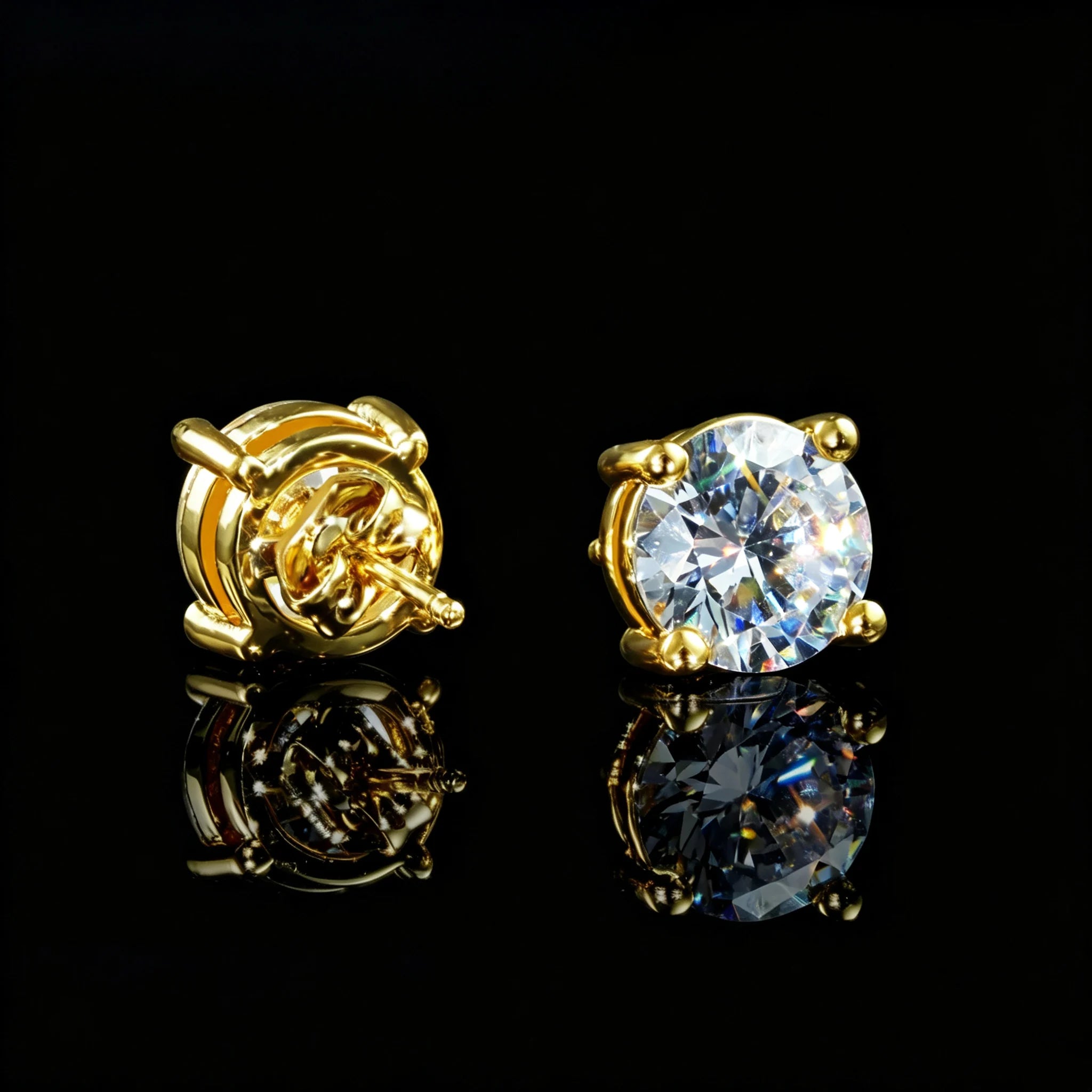 Close-up photo of 8mm Iced Brilliant Cut 4-Prong Gold Stud Earrings, showing stone front and screw back, clear round solitaire studs with reflection, hip hop jewelry RDRIP JEWELRY
