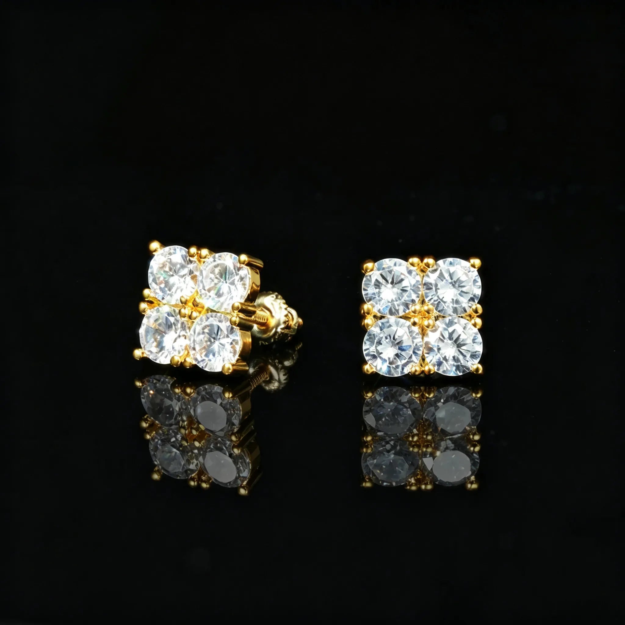 8mm Iced Out Lucky Clover Square Stud Earrings, Gold Plated Cubic Zirconia Four Stone Screw Back Earrings, Hip Hop Bling Square Studs For Men Unisex Fashion Jewelry RDRIP JEWELRY
