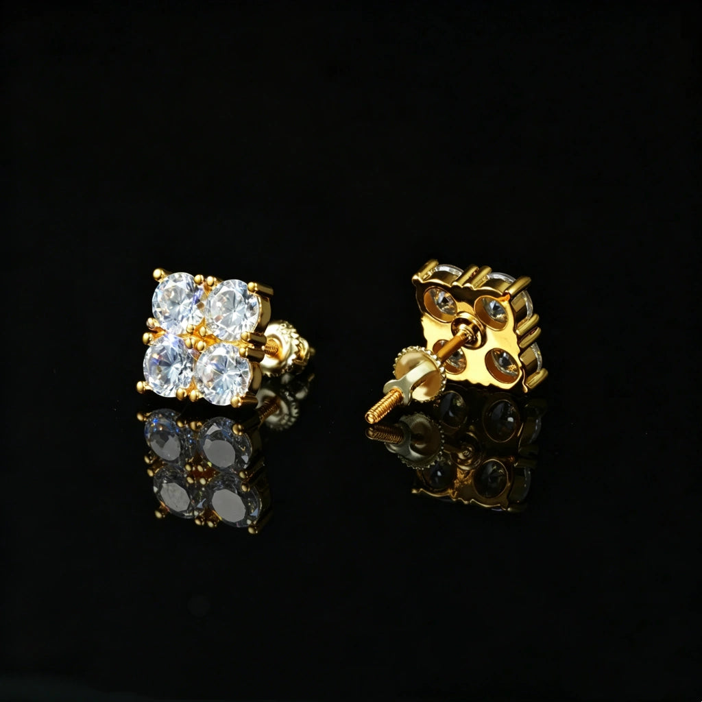8mm Iced Out Lucky Clover Square Stud Earrings, gold plated cubic zirconia screw back earrings showing back view, hip hop bling studs for men unisex jewelry RDRIP JEWELRY
