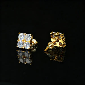 8mm Iced Out Lucky Clover Square Stud Earrings, gold plated cubic zirconia screw back earrings showing back view, hip hop bling studs for men unisex jewelry RDRIP JEWELRY
