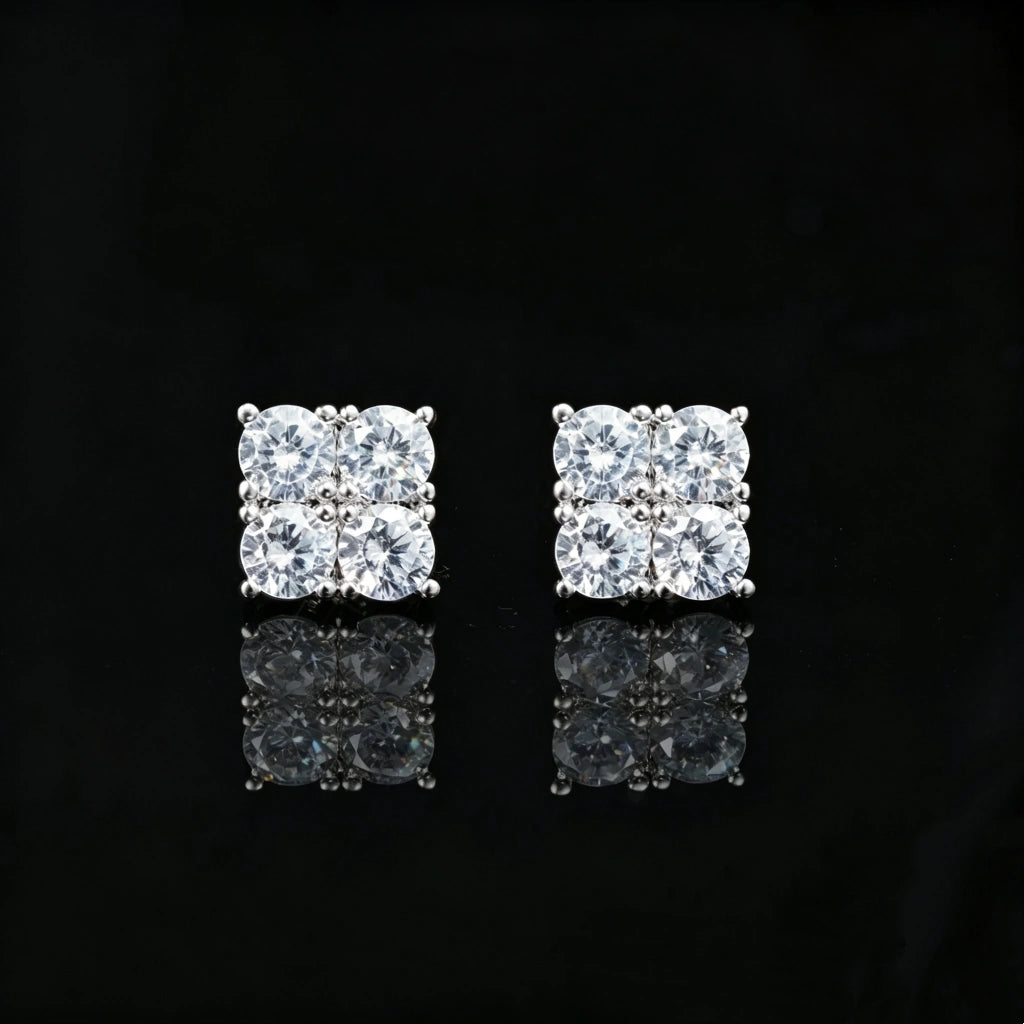 8mm Iced Out Lucky Clover Square Stud Earrings, silver tone gold plated cubic zirconia four stone screw back earrings for men unisex hip hop bling jewelry RDRIP JEWELRY
