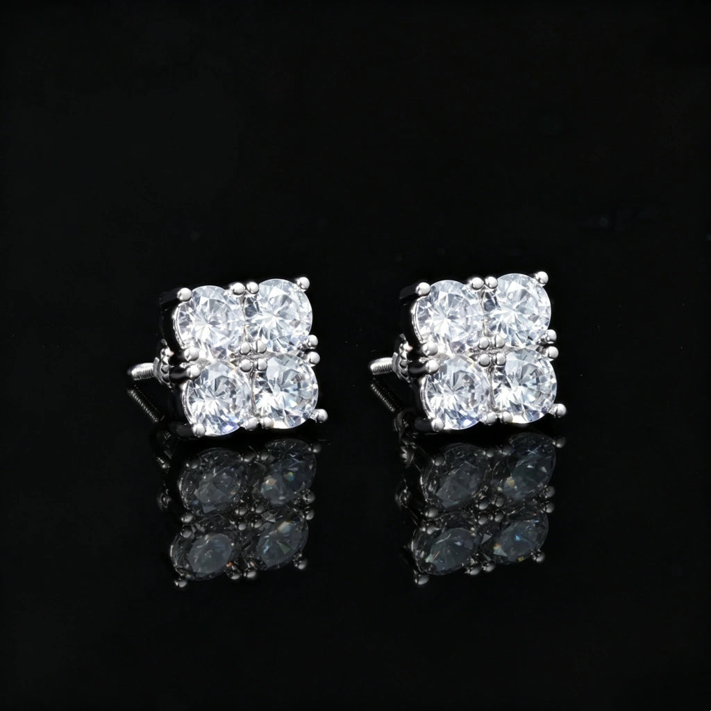 8mm Iced Out Lucky Clover Square Stud Earrings, silver tone cubic zirconia screw back earrings angle view, hip hop bling studs for men unisex fashion jewelry RDRIP JEWELRY
