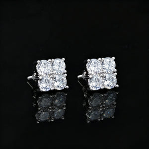 8mm Iced Out Lucky Clover Square Stud Earrings, silver tone cubic zirconia screw back earrings angle view, hip hop bling studs for men unisex fashion jewelry RDRIP JEWELRY

