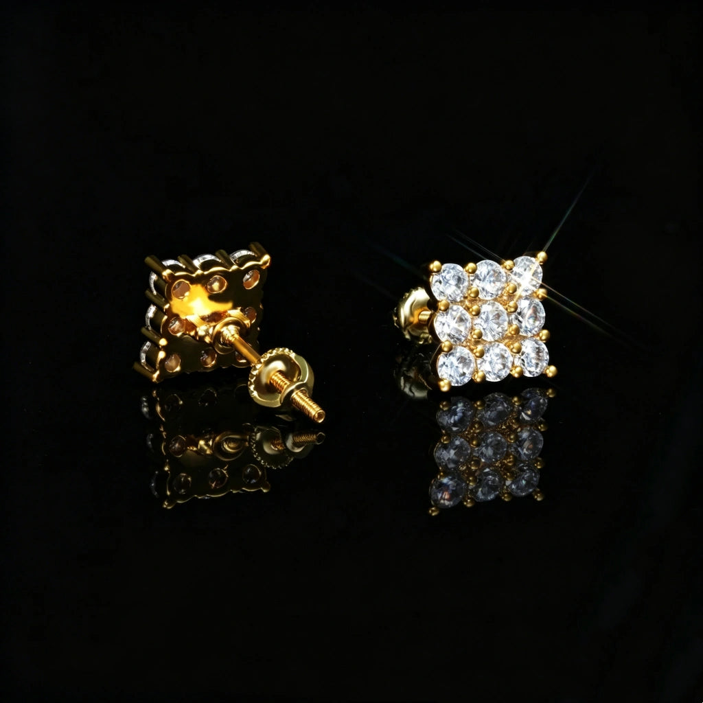 8MM Iced Out Grid Square Cluster Cubic Zirconia Gold Screw Back Stud Earrings, 18k Gold Plated Micro Pave Flawless Cubic Zirconia Square Piercing Earrings with Secure Screw Back Closure, Sparkling Iced Out Hip Hop Statement Bling Jewelry Gift for Men Women RDRIP JEWELRY
