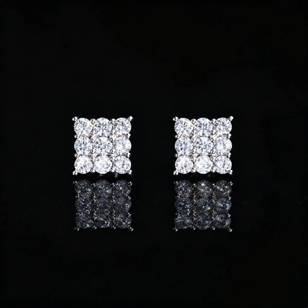 8MM Iced Out Grid Square Cluster Cubic Zirconia Silver Screw Back Stud Earrings, Silver Plated Micro Pave Flawless Cubic Zirconia Square Piercing Earrings with Secure Screw Back Closure, Premium Unisex Hip Hop Statement Bling Jewelry Gift for Men Women RDRIP JEWELRY
