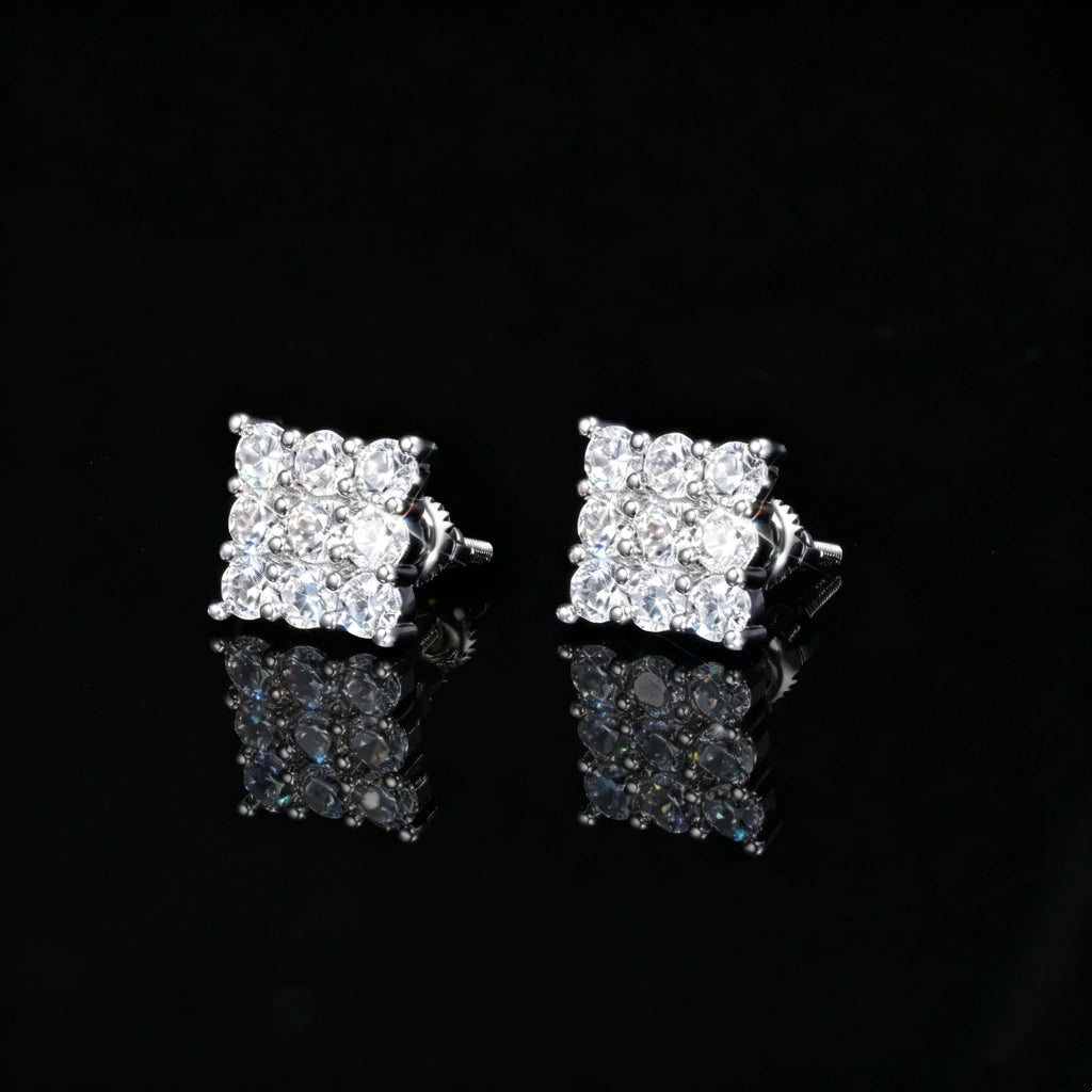 8MM Iced Out Grid Square Cluster Cubic Zirconia Silver Screw Back Stud Earrings, Silver Plated Micro Pave Square Piercing Jewelry, Unisex Hip Hop Bling Earrings for Men Women RDRIP JEWELRY
