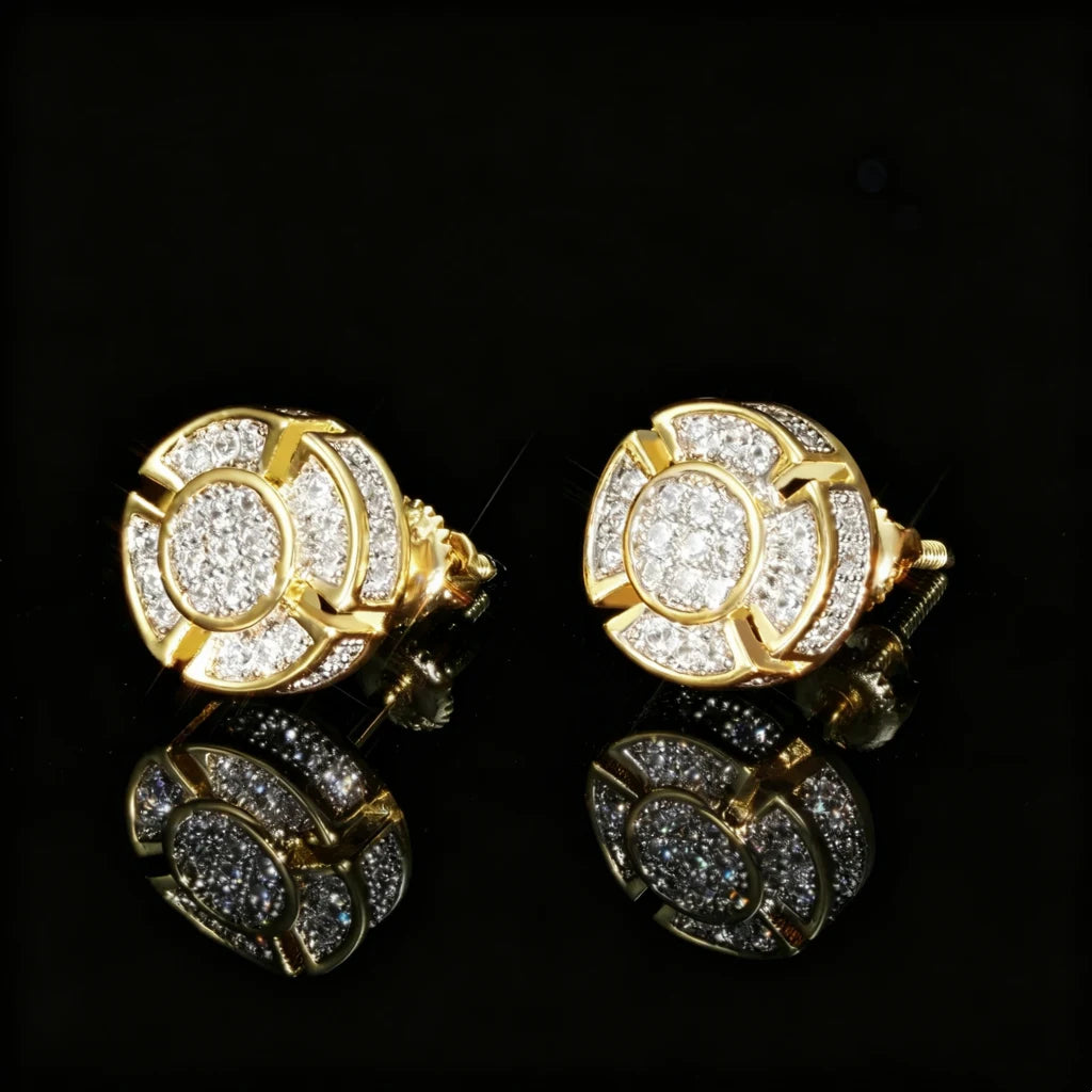 18k gold plated 8mm quad panel round pave screw back stud earrings, full pave VVS simulated diamond hip hop earrings for men, RDRIP JEWELRY

