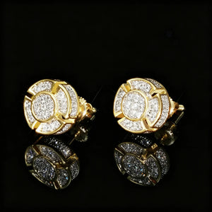 18k gold plated 8mm quad panel round pave screw back stud earrings, full pave VVS simulated diamond hip hop earrings for men, RDRIP JEWELRY
