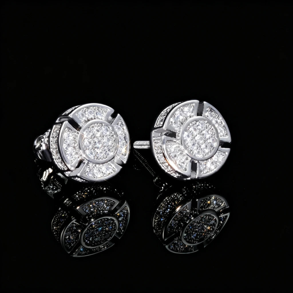 18k white gold plated 8mm quad panel round pave screw back stud earrings side view, VVS simulated diamond iced hip hop earrings for men, RDRIP JEWELRY
