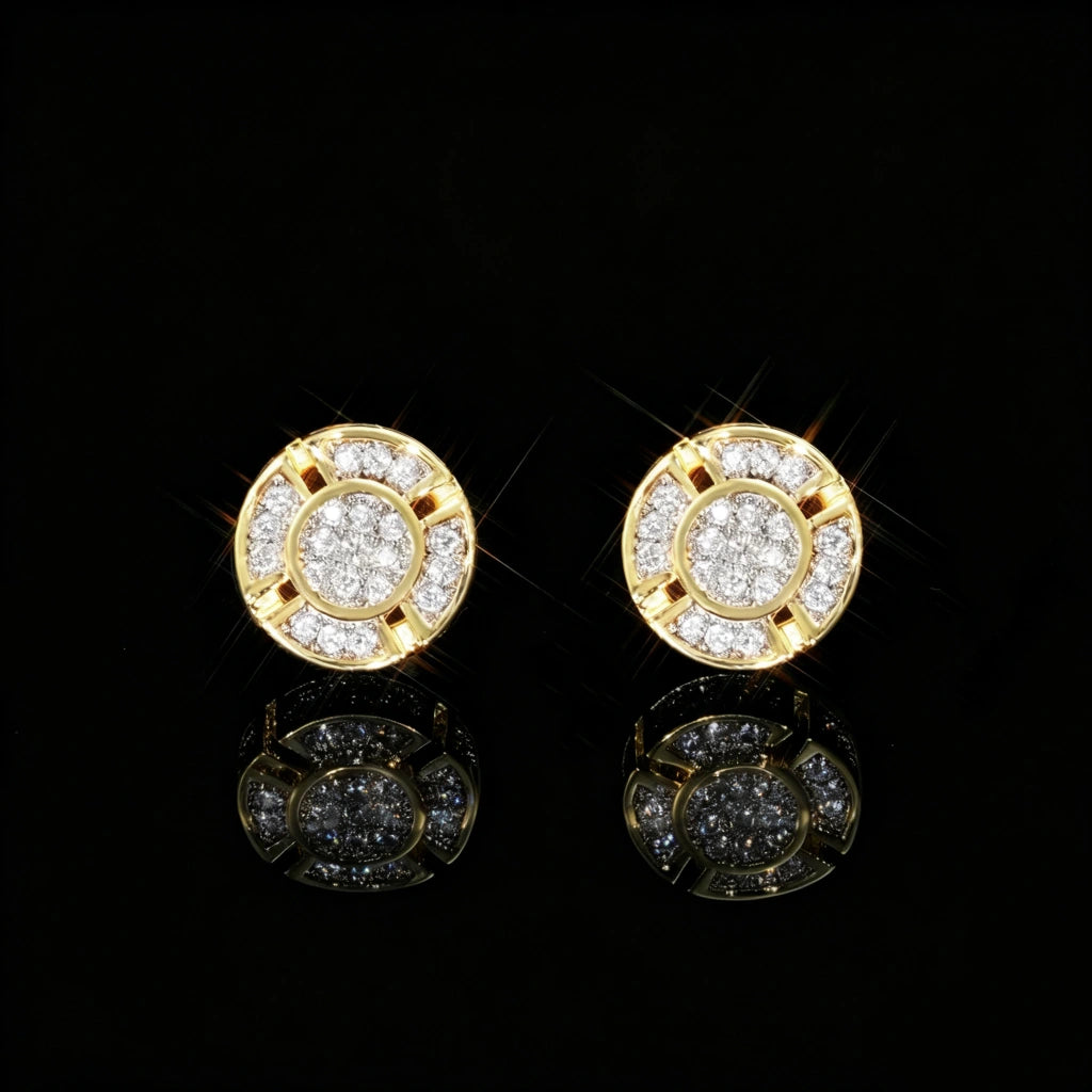 18k gold plated 8mm quad panel round pave screw back stud earrings front view, VVS simulated diamond iced hip hop earrings for men, RDRIP JEWELRY
