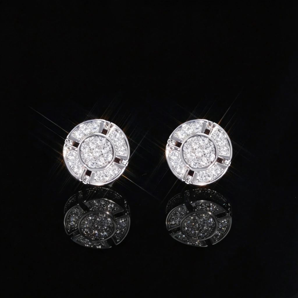18k white gold plated 8mm quad panel round pave screw back stud earrings front view, VVS simulated diamond iced hip hop earrings for men, RDRIP JEWELRY
