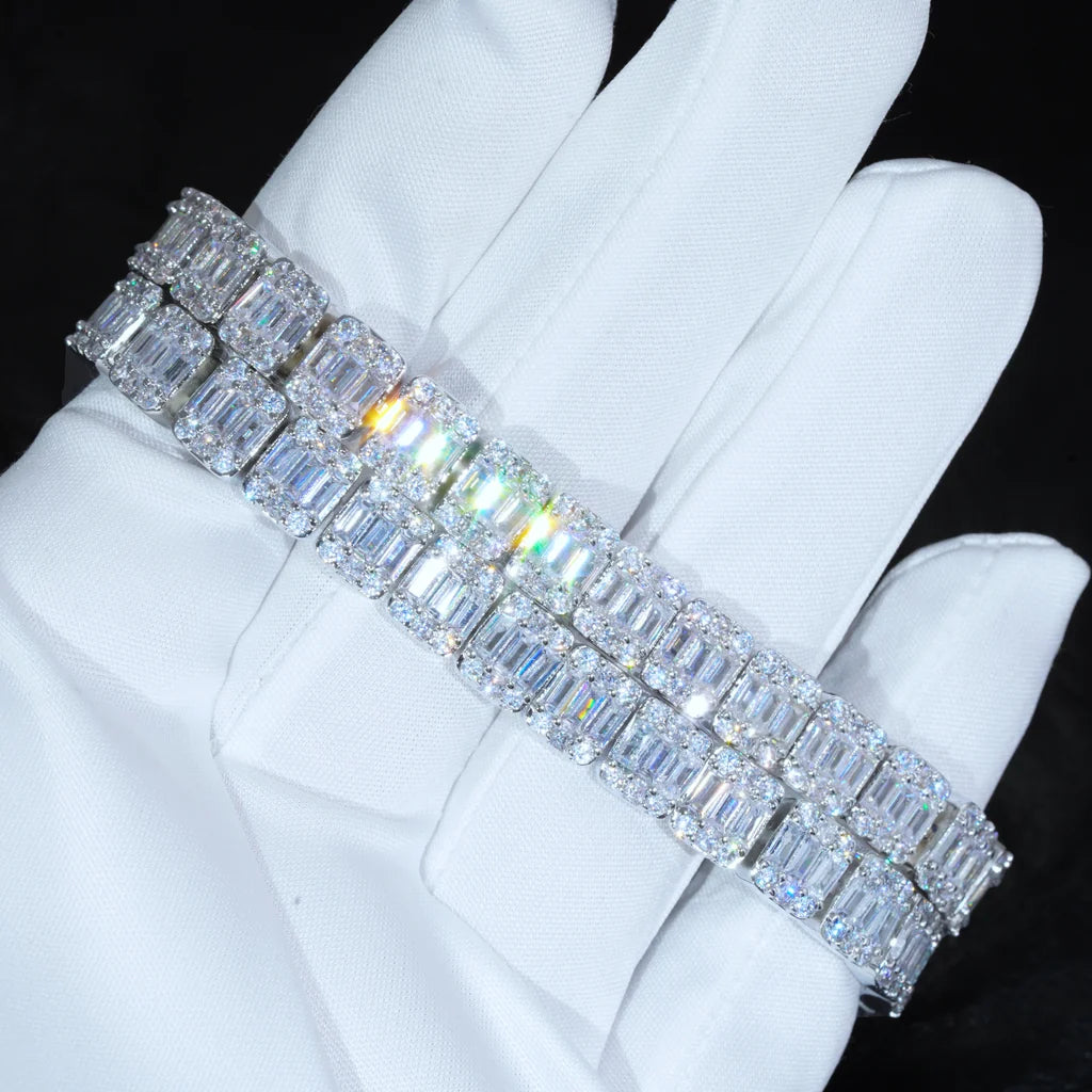 8mm 9.5mm width iced baguette cluster tennis bracelet for men women, flawless VVS simulated diamonds white gold plated copper hip hop wrist bracelet, 7 inch 8 inch iced out bling bracelet held on white glove, luxury hip‑hop jewelry RDRIP JEWELRY
