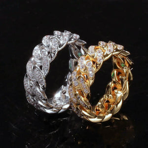 8mm CZ iced cuban link ring pair shot on black background, gold and silver full paved cubic zirconia cuban band rings for men, 18k gold plated icy hip hop bling jewelry RDRIP JEWELRY
