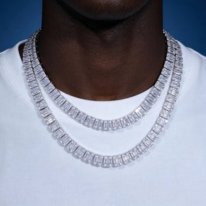 8mm Iced Baguette Cluster Tennis Chain two‑layer layering necklace on black male model, mixed baguette and round VVS simulated cz stones iced‑out hip‑hop streetwear jewelry, men unisex bling tennis chain shot in dark blue studio background RDRIP JEWELRY
