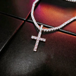 925 sterling silver bling classic cross pendant flat lay angle shot, fully encrusted with flawless vvs simulated diamonds, iced out cross charm matched with sparkling tennis chain, premium hip hop men street jewelry RDRIP JEWELRY
