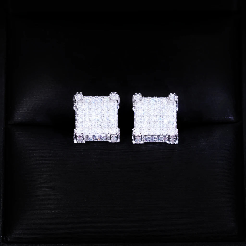925s VVS Moissanite Full Iced 3D Cube Earrings In White Gold, 2.05ct total VVS moissanite, micro pave square stud earrings in gift box, screw back iced out hip hop jewelry for men, RDRIP JEWELRY