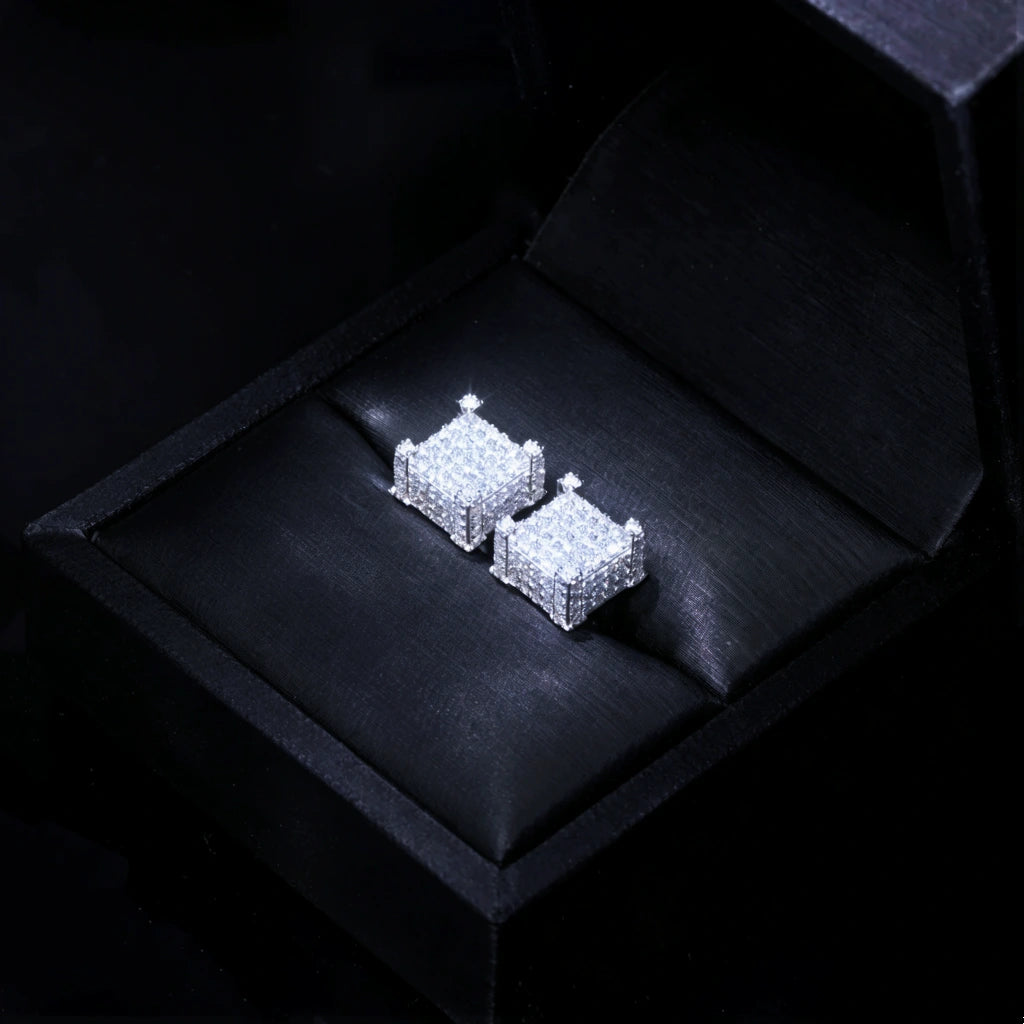 925s VVS Moissanite Full Iced 3D Cube Earrings In White Gold, micro pave full iced square stud earrings, bling 3D cube moissanite earrings, luxury hip hop jewelry for men, RDRIP JEWELRY
