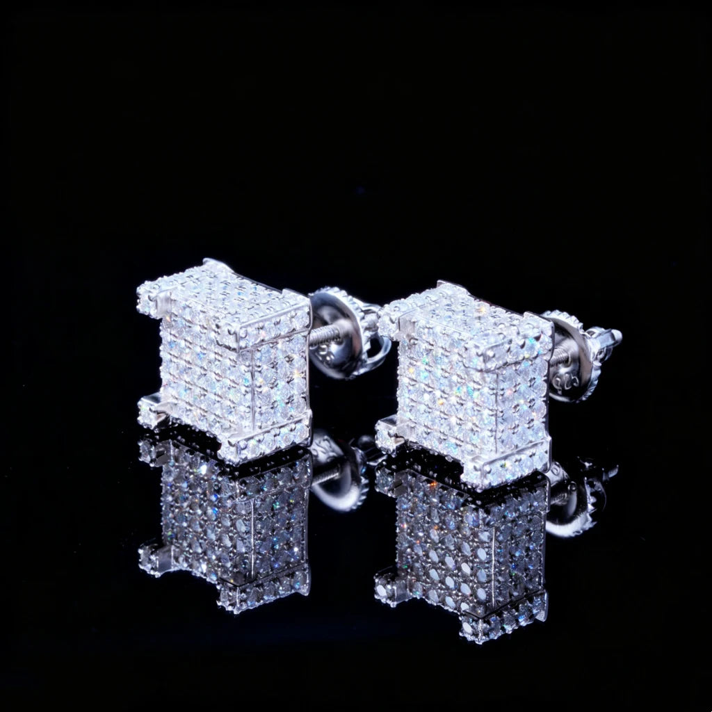 925s VVS Moissanite Full Iced 3D Cube Earrings In White Gold, micro pave full iced square stud earrings, bling 3D cube moissanite earrings, luxury hip hop jewelry for men, RDRIP JEWELRY
