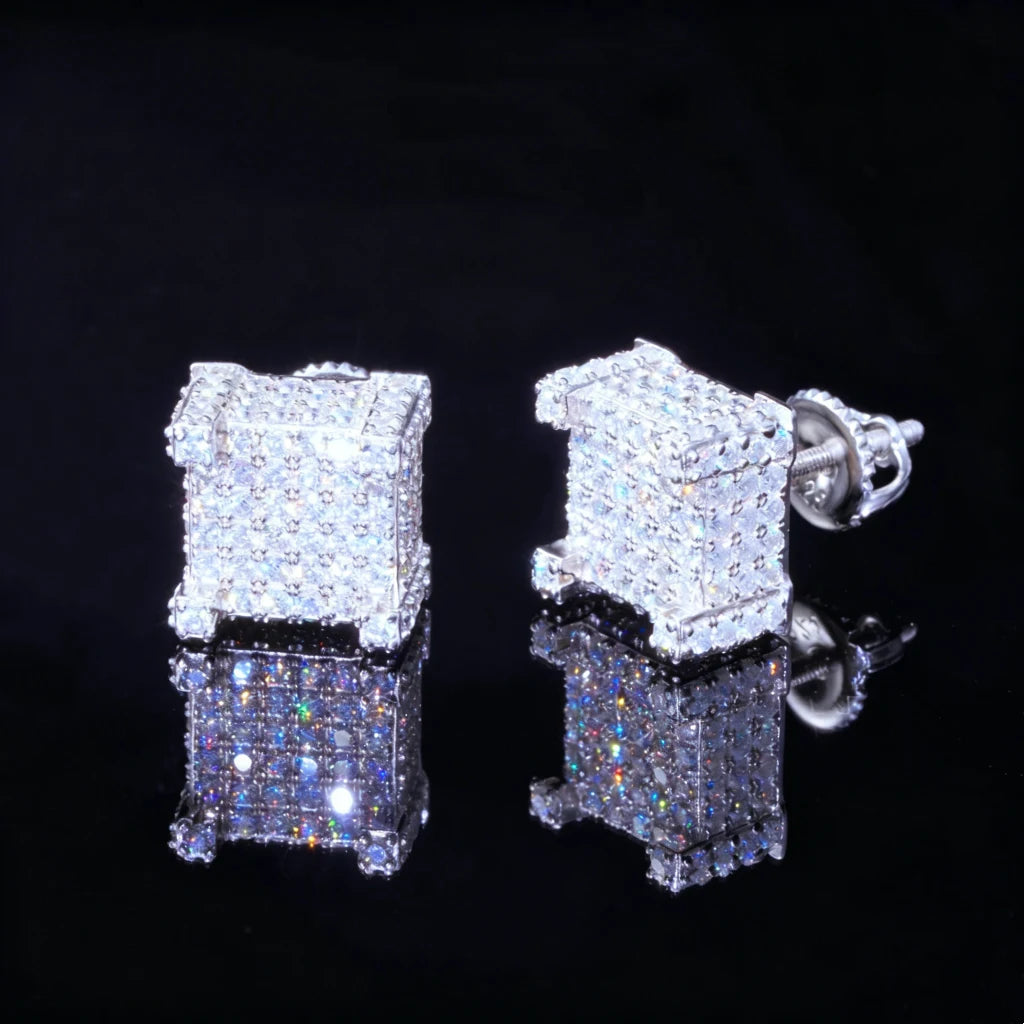 925s VVS Moissanite Full Iced 3D Cube Earrings In White Gold, micro pave full iced square stud earrings, bling 3D cube moissanite earrings, luxury hip hop jewelry for men, RDRIP JEWELRY
